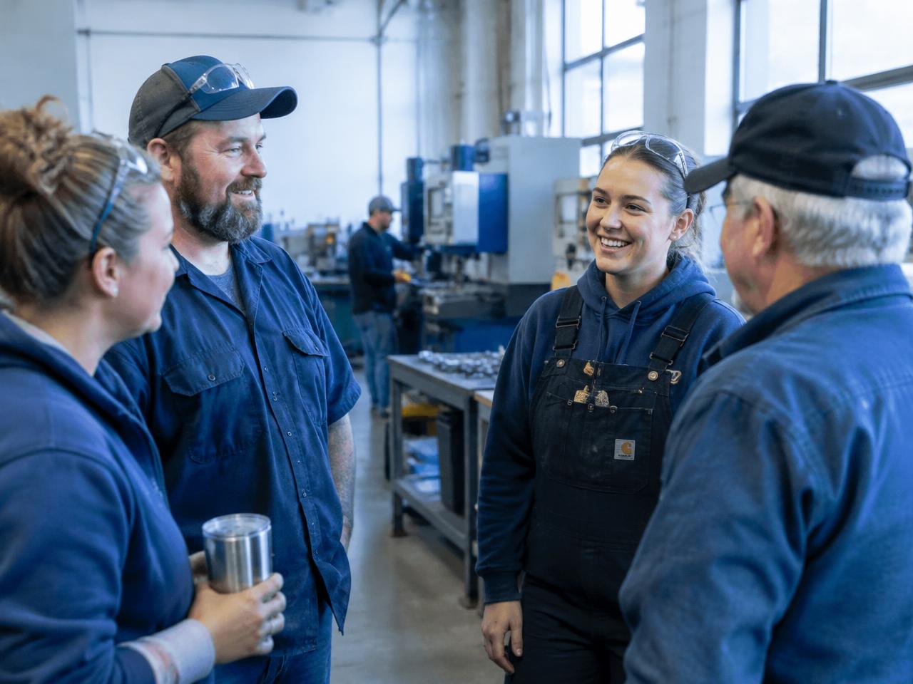 Team members talking on a manufacturing floor